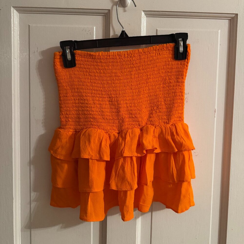 Strapless Bright Orange Ruffle Crop Top